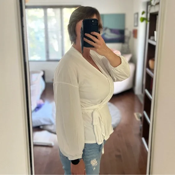 J. Crew White Wrap top with Tie Belt and Billowy Sleeves - Picture 4 of 5